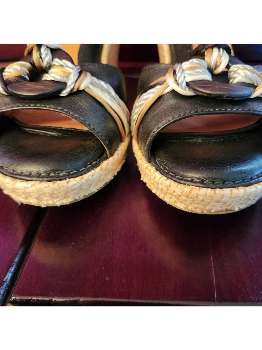 Nurture Black Beaded Leather T-Strap Wedge Sandals with Braided Rope Detail